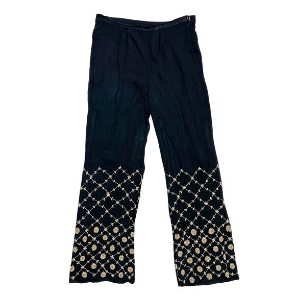 Mesh Floral Embroidered Salwar Pants Sheer Mesh Black Tan Elastic Waist Bohemian - Picture 2 of 6